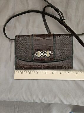 Croc-Embossed Dark Brown Crossbody Wallet with Gold Accent By Brighton